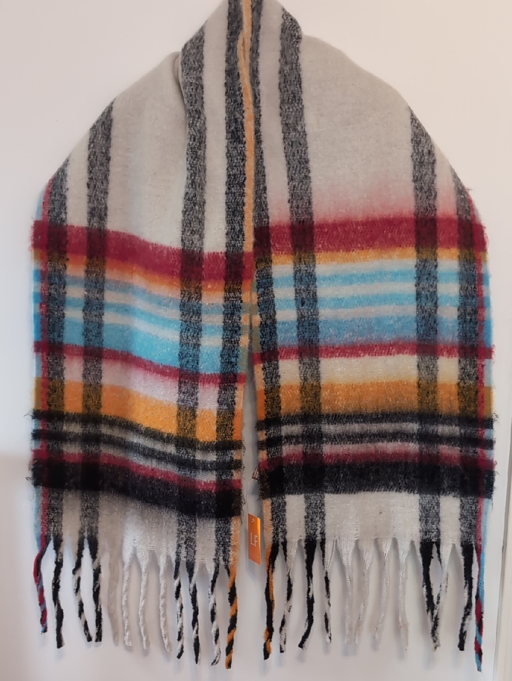 Love of Fashion Beige Blue Plaid Plush Fringe Oversized Scarf New with Tag